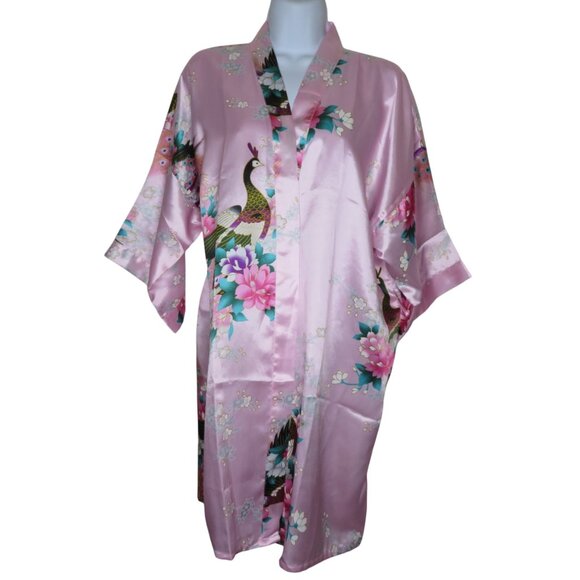 Peacock Print Satin Kimono Robe Belt Pink Floral Design Small Womens Lounge Wear - Picture 4 of 6
